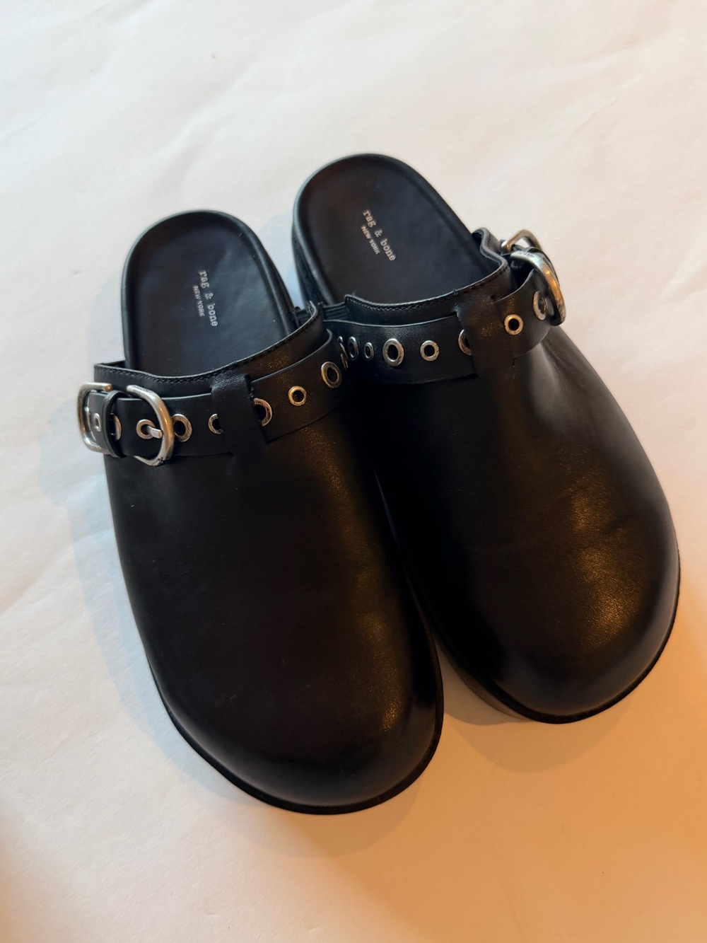 Rag & Bone Black Leather Buckle Grommet Clogs Mules Size 39 NWOT - Picture 2 of 12